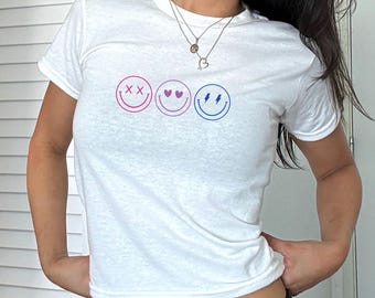 Subtle Bi Pride Smile Face 90's Baby Tee Bisexual Shirt Discreet Pride Apparel Y2K Queer Gifts LGBTQ Ally Bi Flag