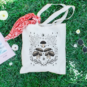 Mushroom Cottage Core Canvas Tote Bag, Botanical Aesthetic, Celestial Mystic Sun Moon, Dark Academia, Reusable Shopping Bag