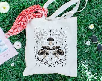 Mushroom Cottage Core Canvas Tote Bag, Botanical Aesthetic, Celestial Mystic Sun Moon, Dark Academia, Reusable Shopping Bag