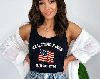 Rejecting Kings Since 1776 Women’s Tank, Anti MAGA Racerback Top, Patriotic Pro Democracy 4th of July Tank, No Kings USA Protest Tank Top