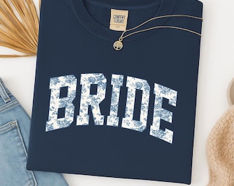 Bride Blue Toile Comfort Colors Shirt, Blue Chinoiserie Bride Tee, Wedding Gift for Her, Cute Future Mrs Shirt, Fiancee Bridal Party Shirt