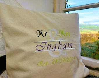Cushion - Personalised embroidered couples names cushion, Valentines, wedding, house warming, cotton / second anniversary gift.