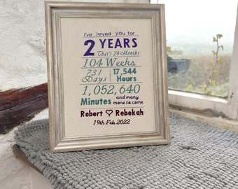 2nd Anniversary Gift - Embroidered framed canvas. Personalised  'I've loved you', Gift for Couples / Valentines / 2nd / Cotton / Anniversary