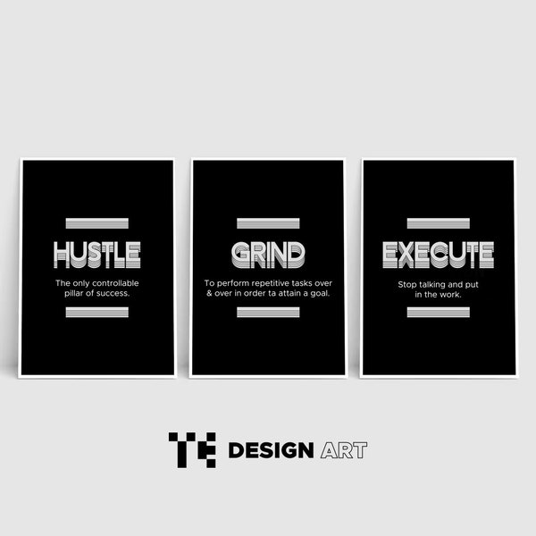 Hustle Grind exekutieren Print Set, motivierende Bürodekoration, inspirierende Poster, Unternehmer Wandkunst, druckbare Büro Definition Zeichen