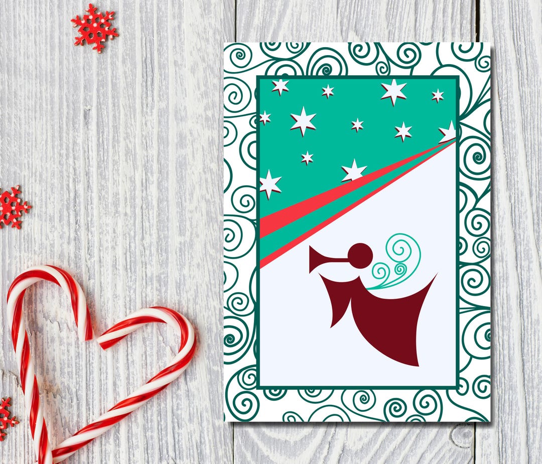 TEAL NOUVEAU CHRISTMAS Angel Notecard, Blank Inside With Envelope ...