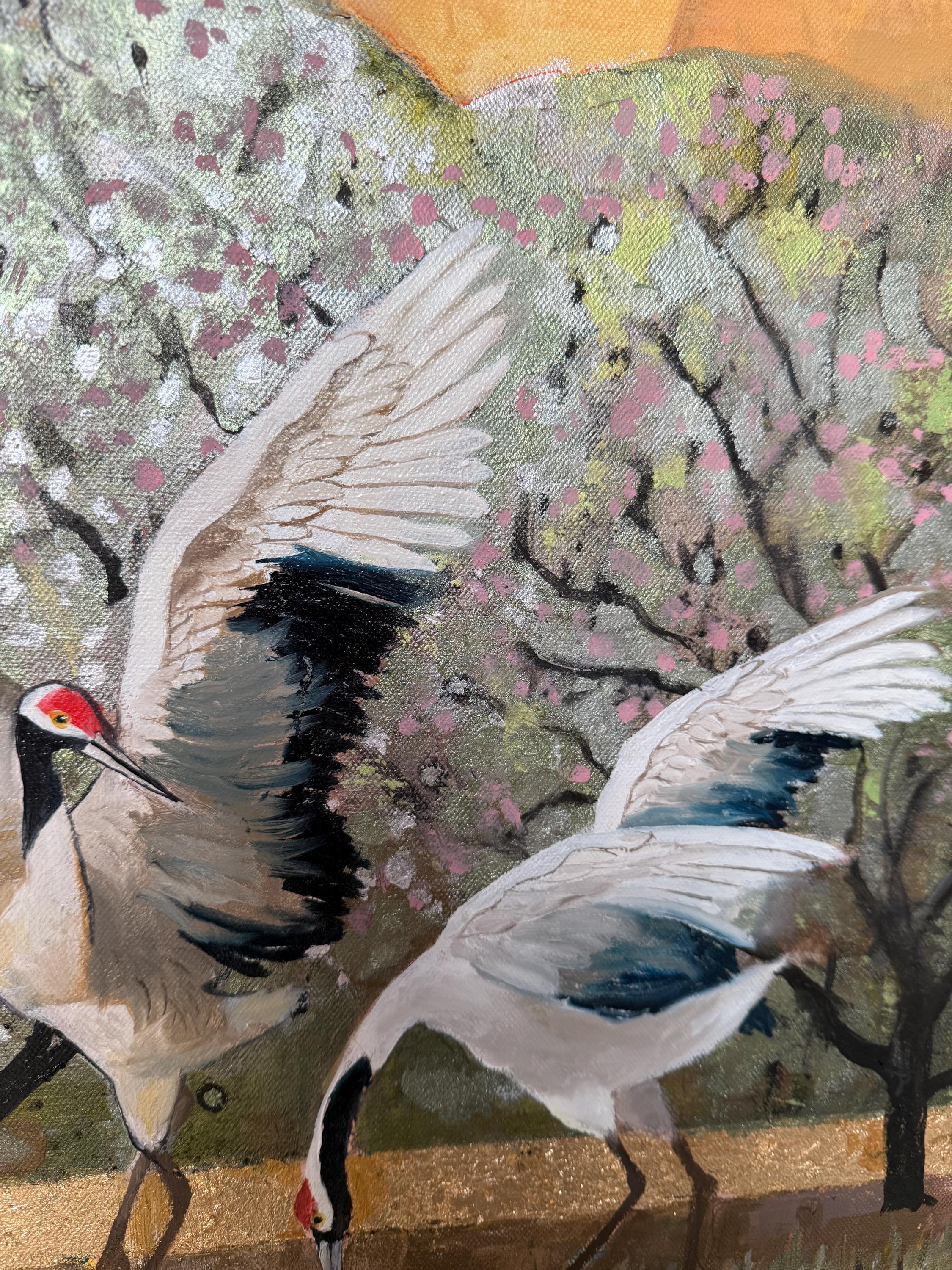 Crane Leaf Spring Animal Portrait - Japanese Cranes in Spring - Gold Leaf, Sulfur ...