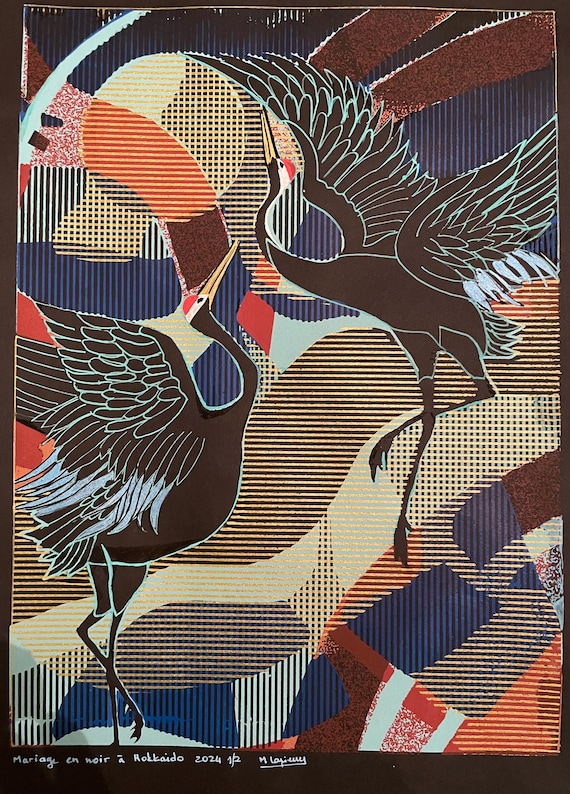 Mariage multicolor : sérigraphie artisanale unique encadrée | Pointilisme | Art de haute qualité| natural artisanal | quality serigraphy art
