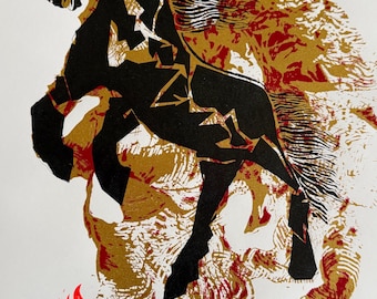 Cheval de feu : sérigraphie artisanale unique encadrée | Pointilisme | Art de haute qualité| natural artisanal | quality serigraphy art