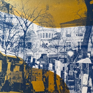 Originele zeefdruk "PARIS Montmartre" (genummerde proefdruk - serie van 4) met afbeelding van de Place du Tertre. Ingelijst.