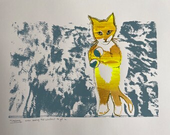 Original screenprint with gold (artist's proof numbered 1/5): kitten boxing the window to be opened | kitten portrait