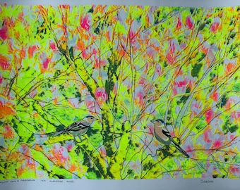 Serigrafia originale "Primavera a febbraio" (prova d'artista unica) raffigurante una magnolia in fiore e dei fringuelli. Incorniciata.