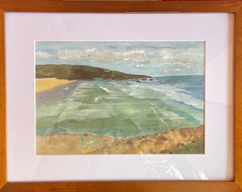 Donnant Beach: unique framed watercolor | High quality art| natural artisanal | quality tempera art