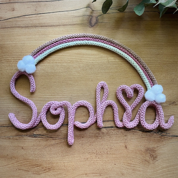 Lettering (with frame) made of wire and wool personalized with rainbow, gift, birth, children's room decoration, name plate