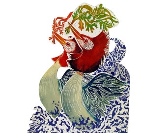 Carte à trois volets, carte 3D linogravure Grèbe danseur