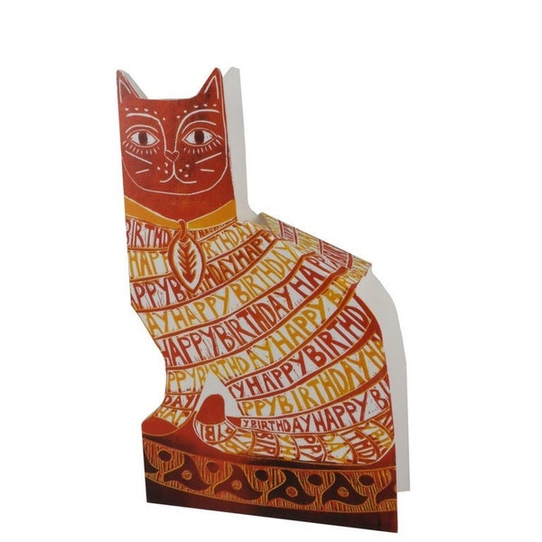 3D Card, Linocut Happy Birthday Ginger Cat