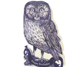 Happy Birthday lino cut Tawny Owl card JL3D091