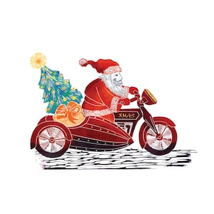 Kerstman op een motor gestanste 3D-kerstkaart met linoleumprint
