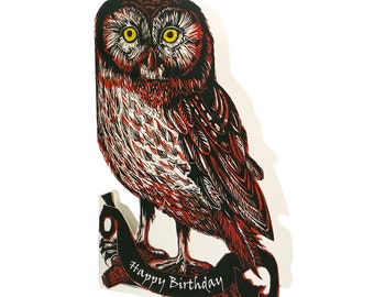 Orange Tawny owl Happy Birthday card JL3D092