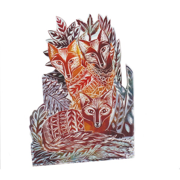 Tri fold lino printed three young foxes greetings card