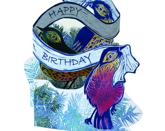 Tri fold  Lino cut card Happy Birthday branch birds   JL3D096