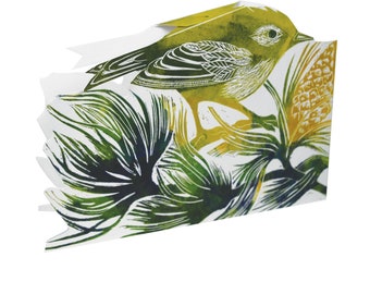 Lino printed die cut Goldcrest Greetings card