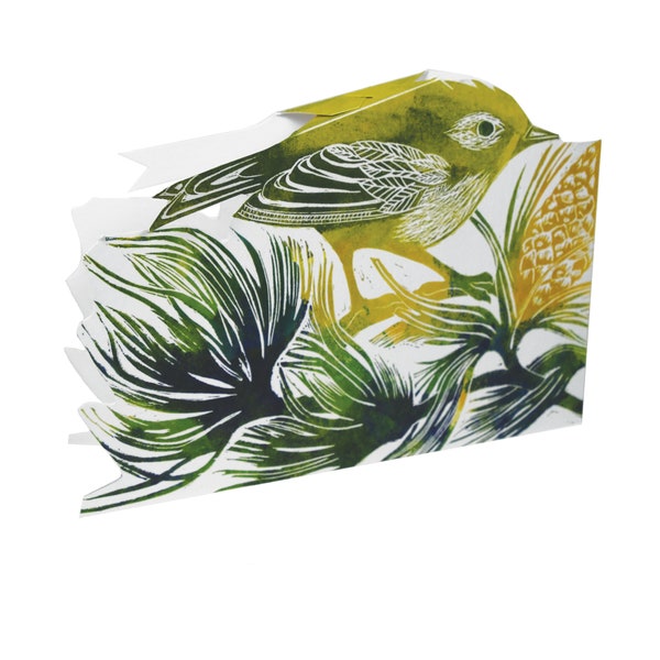 Lino printed die cut Goldcrest Greetings card