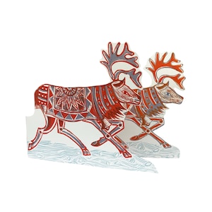 Biglietto di auguri in linoleum tagliato con coppia di renne di Natale