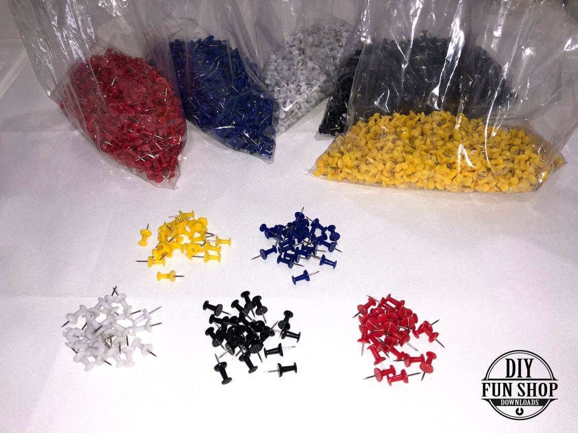 Push Pins for Your Push Pin Art Project. black, White, Yellow, Blue and