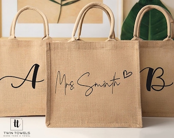 Monogrammed JUTE Bag for Bridesmaid Gift, Wedding Favors Tote Bag Gift, Custom Bachelorette Bridal Party Burlap Bags, Personalized Gifts
