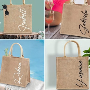 Customized Jute Tote Bag, Personalized Gift for Bridesmaid, Personalized Gift Bag, Burlap Tote Bag, Embroidered Tote Bag, Christmas Gift
