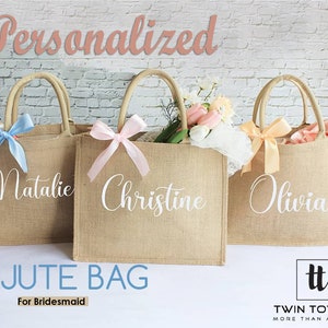 PERSONALISIERTE Tragetasche für Brautjungfer, Hochzeit Burlap Bag Geschenke für Sie, Bachelorette Party Favors Tragetaschen, kundenspezifische Brautparty Jute-Taschen
