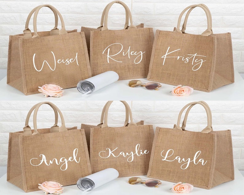 Personalized Tote Bag For Bridesmaids, Wedding Burlap Bag Gifts for Her, Bachelorette Party Favors Tote Bags, Custom Bridal Party Jute Bags, Custom tote bag for wedding , bride bags for bachelorette, bride bags for bachelorette party, bride bag beach