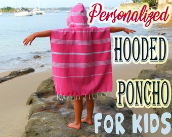 Custom Hooded PONCHO for Girls or Boys, Personalized Turkish Towel Beach Coverup,  Monogrammed Gifts for Kids, Custom Hooded Poncho for Kids