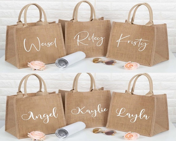 Personalized JUTE BAG for Bridesmaid Gift, Mother of Bride Wedding Favors Tote Bag Gift, Custom Modern Bridal Party Burlap Tote Bags for Her