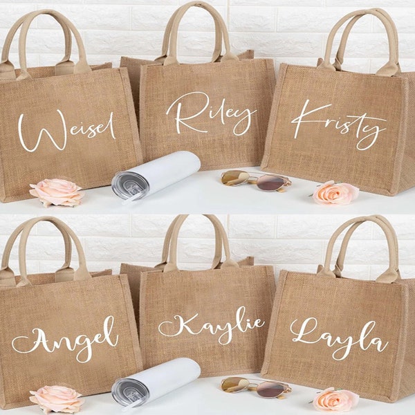 Personalized JUTE BAG for Bridesmaid Gift, Mother of Bride Wedding Favors Tote Bag Gift, Custom Modern Bridal Party Burlap Tote Bags for Her