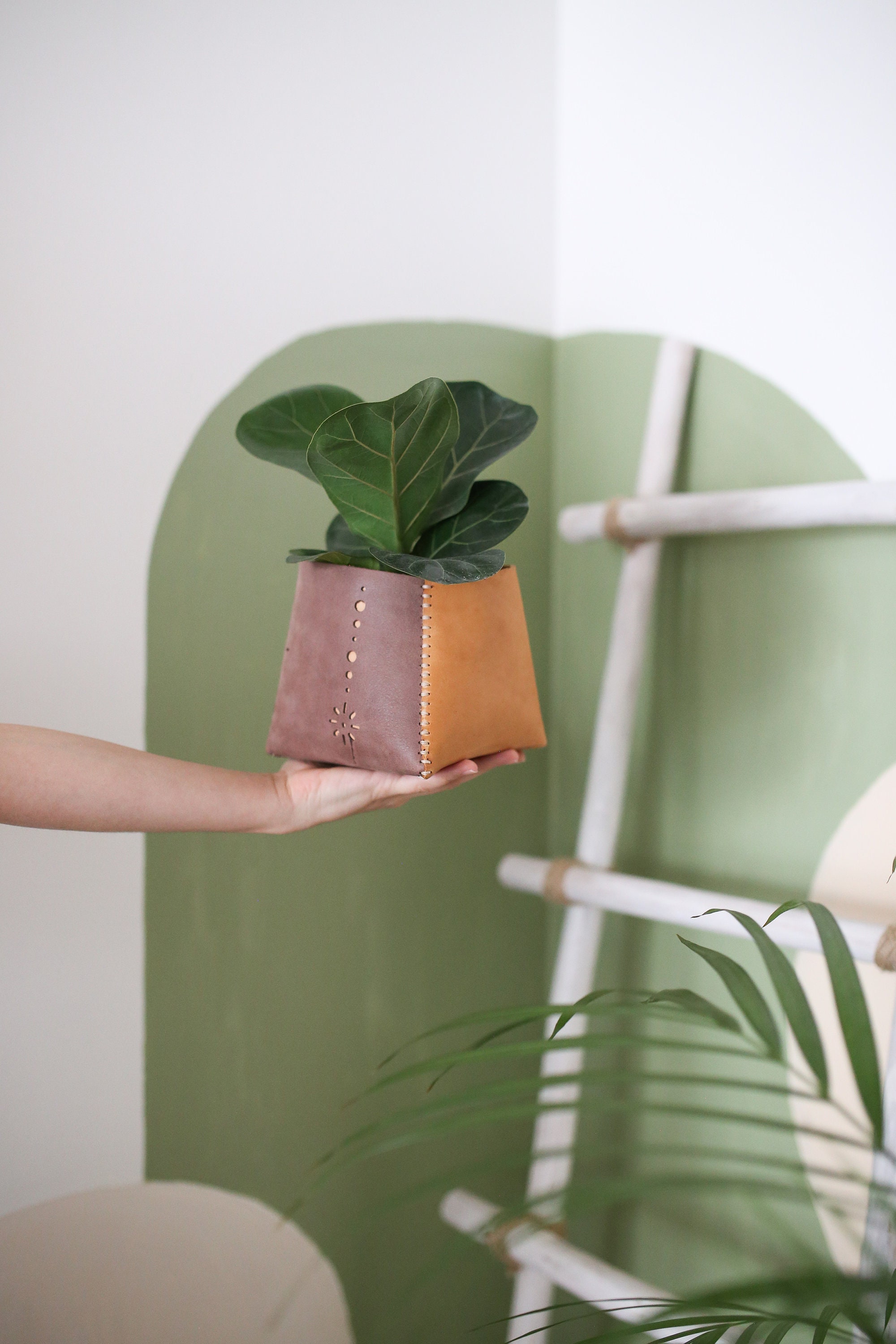 Couverture de Plante Pot, Hesse Réversible en Cuir, Cadeau Jour Mère, Décor Unique à La Maison, Pot 