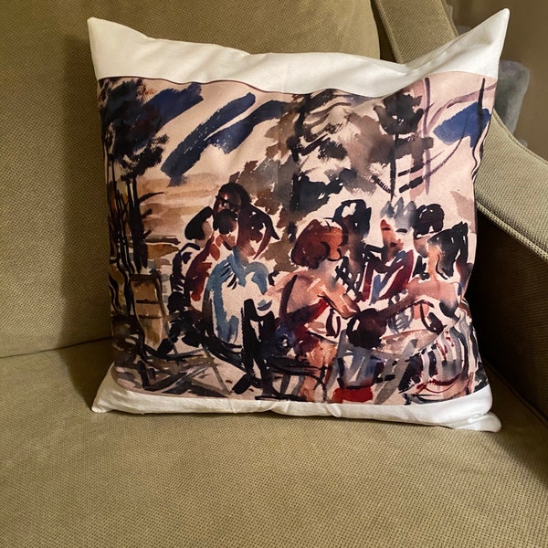 Art lovers delight! 18 x 18 throw pillow cover made of cozy soft jersey microfiber--graphically reproduced from original 1960 watercolor.