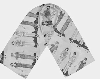 Black & White Long Scarf 16x 72 inches Designed With 1920's Drawing by Elizabeth A. Latta