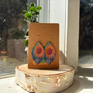 Sunflower Leather Earrings with A Vintage Painting done in the 1960&#39;s