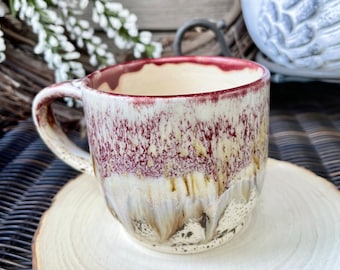 Handmade ceramic mug, coffee cup, tea cup, red drips