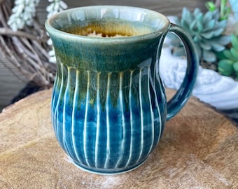 Handmade pottery, ceramic mug, coffee cup, tea cup, teal with brown drips