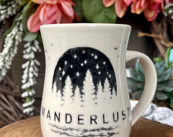 Handmade pottery, ceramic mug, coffee cup, tea cup, with Wanderlust design