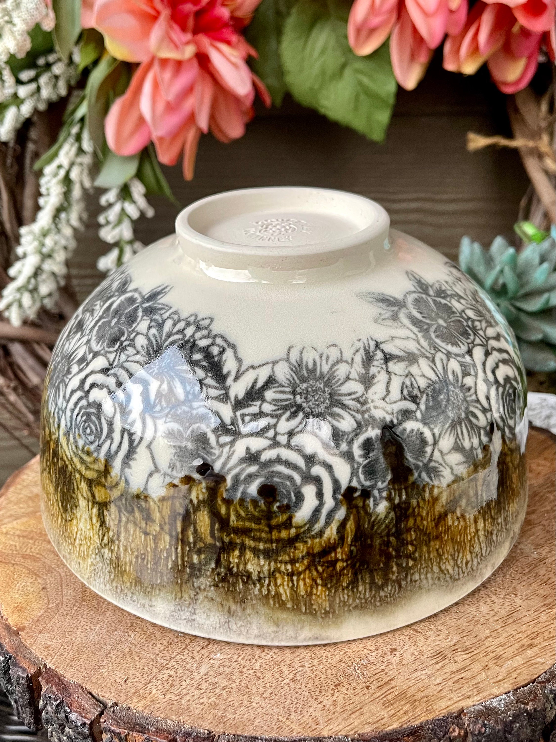 Handmade Ceramic Bowl With Flower Design and Drip Glaze - Etsy