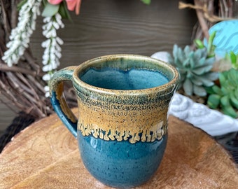 Handmade ceramic mug, teal and gold, 10oz coffee cup