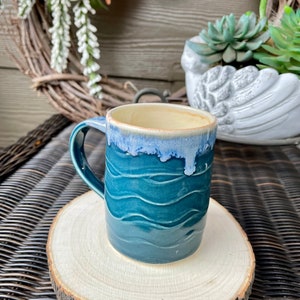 Handmade pottery, ceramic mug, coffee cup, tea cup, slip design, drip rim