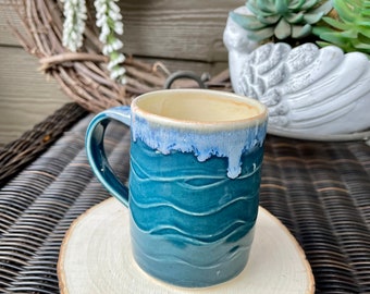Handmade pottery, ceramic mug, coffee cup, tea cup, slip design, drip rim