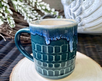 Handmade Ceramic Mug: Teal Pottery Coffee Cup with Drippy Glaze