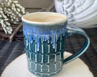 Handmade pottery, ceramic mug, coffee cup, tea cup, teal with drips