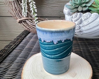 Handmade Ceramic Coffee Cup: Teal Drip Glaze Pottery Tumbler