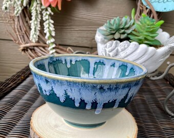 Handmade pottery, ceramic bowl, teal with drip glaze on rim